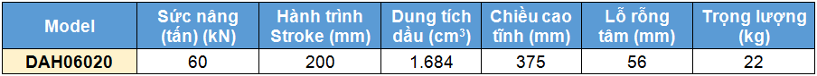 kích thủy lực 2 chiều rỗng tâm 60 tấn 200 mm,DAH Double acting aluminium cylinders, hollow piston