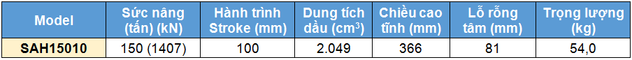 Kích rỗng tâm bằng nhôm 150 tấn 100 mm, kich 1 chieu bang nhom 150 tan 100 mm,SAH Single acting aluminium cylinder, hollow piston